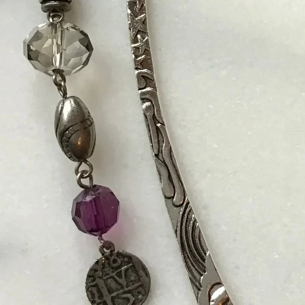 Tibetan‎ Metal Bookmark Sun & Stars Engraved Silver and Purple Beads